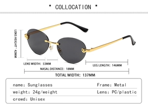Detailed size specifications of rimless metal leopard head sunglasses with gray lenses