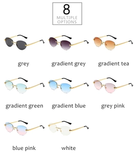 Collage of rimless sunglasses in eight different gradient ocean colors with gold temples