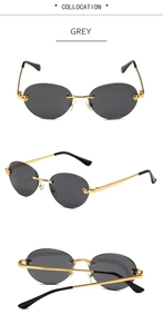 Macro view of gold leopard head metal hinge on frameless oval grey sunglasses