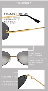 Macro detail of rimless sunglasses featuring golden leopard head accents and metal hinges
