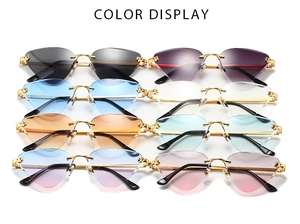 Color display of rimless leopard head sunglasses in various gradient lens tints