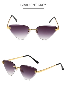Detailed view of luxury leopard head gold hinge on gradient grey rimless sunglasses