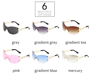Six colors of rimless Y2K sunglasses with gold metal temples in a matrix display
