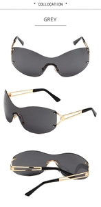 Three-way view of square semi-rimless sunglasses with gold hollow temples and grey lenses