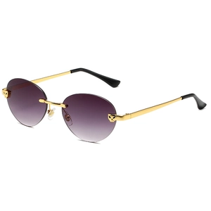 Rimless purple gradient sunglasses with gold metal cheetah accents for women and men