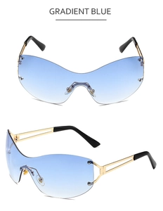 Detailed macro view of the semi-rimless gradient blue lens and gold hollow metal frame