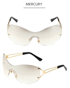 Detail of rimless butterfly sunglasses with gold hollow metal frame and gradient lens