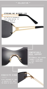 Detail view of square rimless sunglasses featuring golden metal hinges and ergonomic nose pads