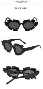 Trois vues de lunettes de soleil noires en forme de fleur avec verres ronds gris