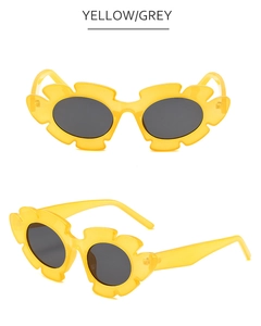 Vues frontale et latérale de lunettes de soleil fleurs jaunes aux verres gris foncés