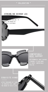 Détail de lunettes de soleil fleur montrant branches fuselées et plaquettes de nez