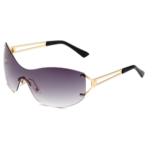 Semi-rimless oversized shield sunglasses with purple gradient lenses and gold frames