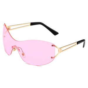 Pink lens oversized rimless square sunglasses with gold metal temples and hollow design