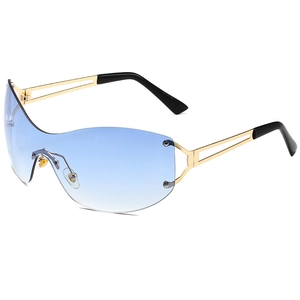 Fashionable rimless square sunglasses with blue gradient lenses and gold hollow metal frame