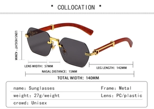 Detailed size specifications of rimless octagonal sunglasses with wood grain temples