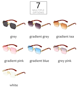 Detail view of rimless octagonal sunglasses in seven assorted gradient jelly colors