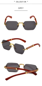 Detail of rimless hexagonal sunglasses with grey lenses and luxury wood grain temples