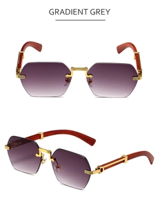 Detail of rimless octagonal sunglasses with gradient grey lenses and wood grain temples