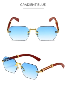 Detail of rimless hexagonal sunglasses with gradient blue lenses and wooden temples
