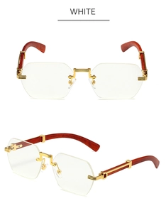 Detail of octagonal rimless sunglasses with gold bridge and wood grain arms with C-decor