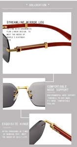 Detail of rimless sunglasses featuring wood grain temples and golden metal hinges