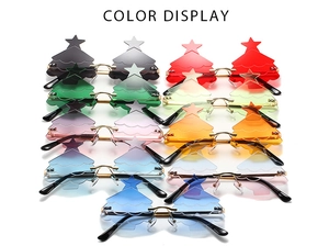 Colorful Christmas tree sunglasses display showing various lens tints and gold metal frames