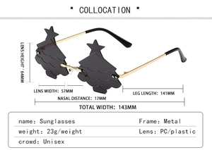 Detailed dimensions of Christmas tree sunglasses with gold metal temples and PC lenses