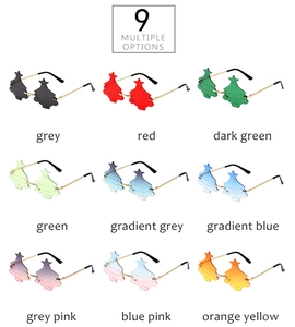 Nine color options of Christmas tree shaped rimless sunglasses with gold metal temples