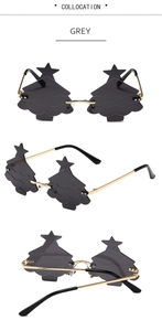 Detailed views of gold Christmas tree party sunglasses with stylish grey lenses