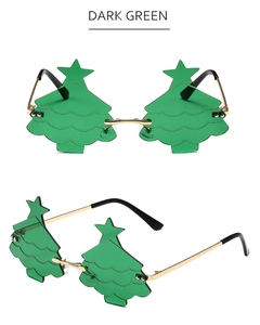Detail of dark green Christmas tree sunglasses with gold frame and star ornament