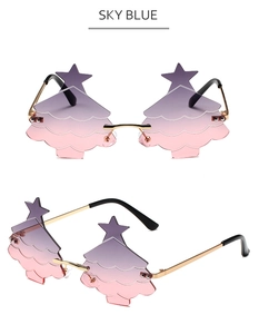 Detail of rimless Christmas tree sunglasses with star accent and purple gradient lenses