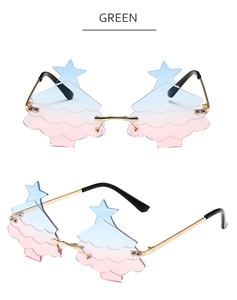 Detail of Christmas tree shaped rimless sunglasses with blue to pink gradient lenses