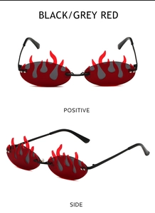 Vistas frontal y lateral de gafas de sol sin montura en forma de llama, negro, gris y rojo
