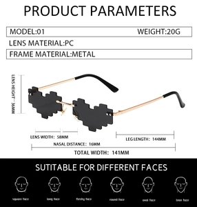 Tableau des tailles détaillé pour lunettes de soleil cœur mosaïque sans bord avec mesures