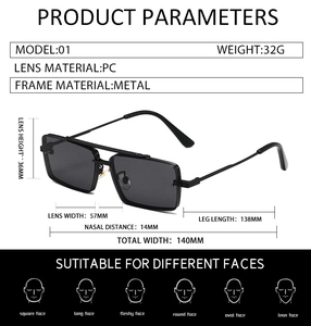 Detailed size specifications for square metal sunglasses featuring PC lenses and 32g weight