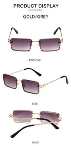 Drei Ansichten einer Retro-Halbrand-Sonnenbrille mit goldenem Metallrahmen für Damen