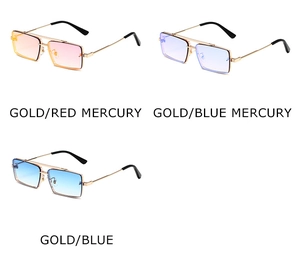 Detailed view of metal square sunglasses in gold/red, gold/blue, and blue mercury finishes