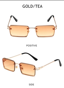 Zwei Ansichten einer Retro-Gold-Metall-Sonnenbrille mit Teegläsern von vorne und der Seite