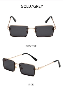 Vorder- und Seitenansicht der goldenen rechteckigen Metall-Sonnenbrille mit grauen Gläsern