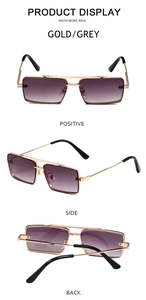 Three-way view of gold rimless sunglasses with gradient grey lenses and metal frame