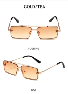 Front and side view of gold metal rectangle sunglasses with tea gradient lenses