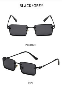 Vorder- und Seitenansicht der Vintage-Rechtecksonnenbrille mit schwarzem Rahmen und Gläsern