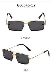 Detailed views of gold metal rectangle sunglasses with dark grey lenses and slim temples