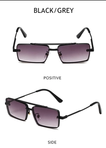 Positive and side view of small square metal sunglasses with black frame and grey gradient lenses