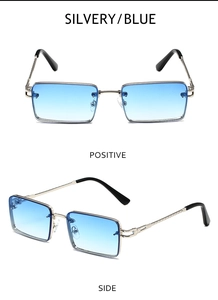 Detailansicht der silbernen Metallsonnenbrille mit blauem Verlauf und hohlem Bügeldesign