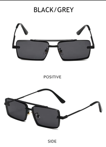 Front and side view of modern black rectangular sunglasses with grey lenses