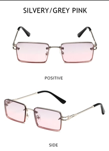 Vorder- und Seitenansicht der silbernen Rechteck-Sonnenbrille mit grau-rosa Verlaufsglas