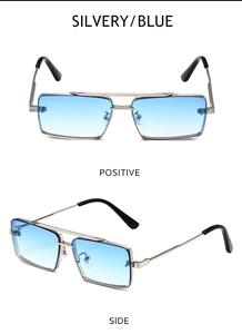 Silvery metal rectangle sunglasses with blue gradient lenses shown in positive and side views