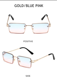 Detail einer eckigen Metall-Sonnenbrille mit blau-rosa Verlaufsgläsern und Goldrahmen