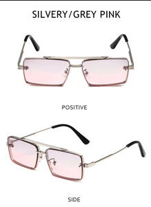 Detail of rectangle rimless sunglasses with silver metal frame and pink gradient lenses
